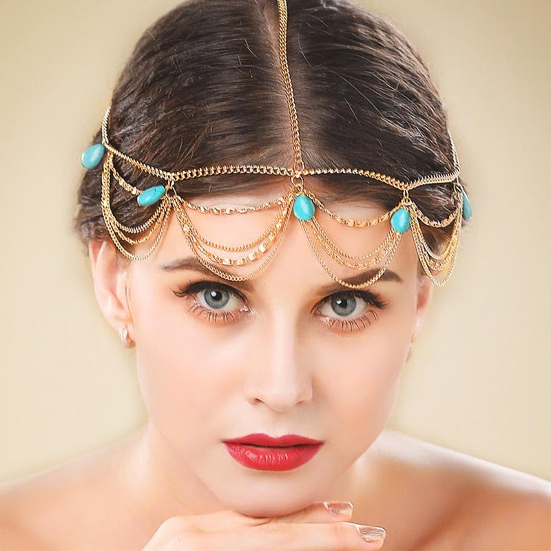Barogirl Gold Head Chain Jewelry Turquoise Headpiece Boho Hair Chain for Women and Girls - Image 3